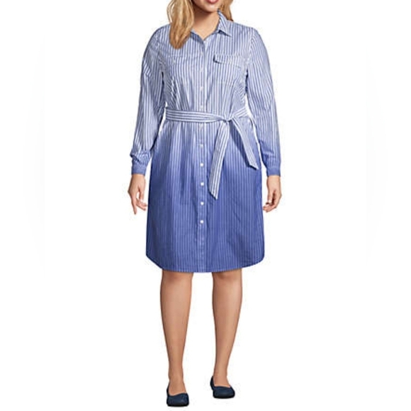 Lands End Womens Cotton Poplin Button-Down Shirt Dress, Cobalt Varsity Stripe 1X - Picture 1 of 10